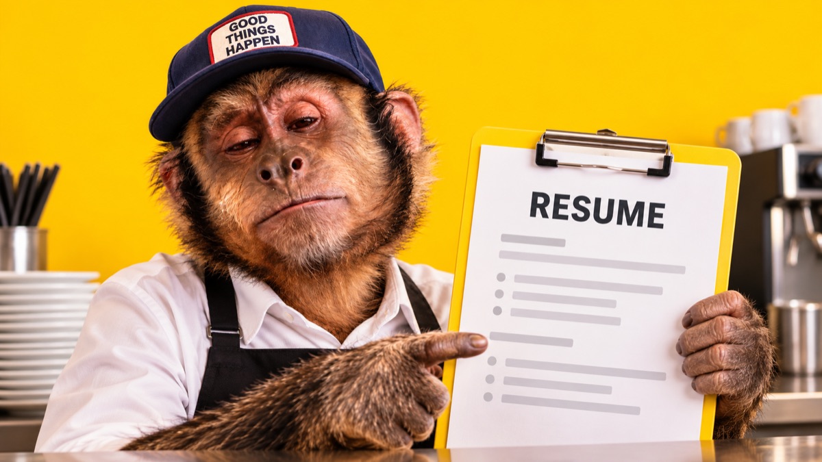 Totally Qualified chimpanzee wearing a restaurant apron and pointing to a resume on a yellow clipboard